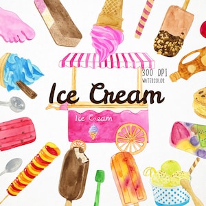 Peut inclure: Une illustration aquarelle d'un chariot à crème glacée avec divers cornets de crème glacée, des sucettes glacées et d'autres friandises. Le chariot est rose et blanc avec un auvent rayé. Le texte "Ice Cream" est écrit dans une police de caractères fantaisiste au-dessus du chariot.