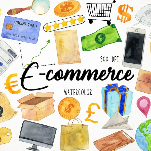 Watercolor Ecommerce Clipart, Market Online Clipart, Online Shop Clipart, Online Store Clipart, E-commerce Clipart, Web Store Clipart