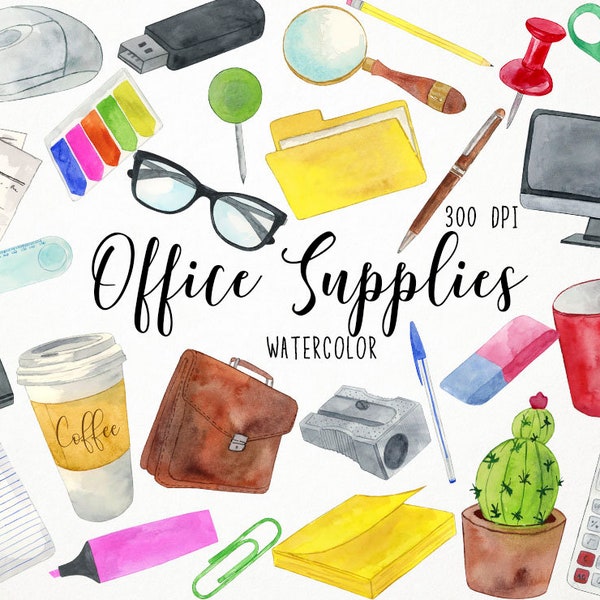 Watercolor Office Supplies Clipart, Work Clipart, Secretary Clipart, Office Work Clipart, Office Accessories Clipart, Business Clipart