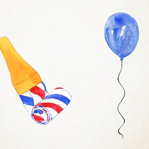 May include: A blue balloon with a long, thin string and a party favor in the shape of a rolled up, striped horn with a yellow tip.