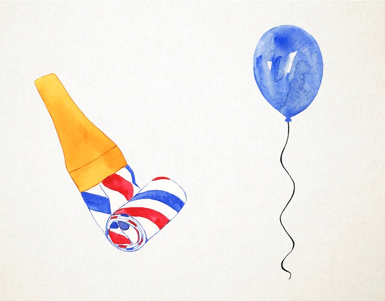 May include: A blue balloon with a long, thin string and a party favor in the shape of a rolled up, striped horn with a yellow tip.