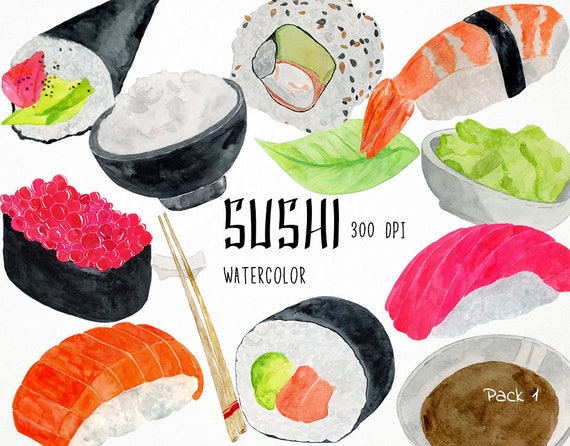 Watercolor Sushi Clipart, Asian Clipart, Fish Clipart, Japanese Clipart, Sushi Clip Art, Chinese Food Clipart, Japanese Food Clipart
