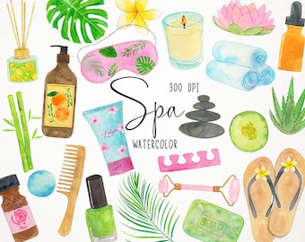 Watercolor Spa Clipart, Self Care Clipart, Beauty Clipart, Relax Clipart, Helath Clipart, Spa Day Clipart, Wellness Clipart, Massage Clipart