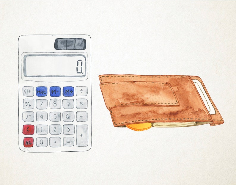 May include: A white calculator with a brown leather wallet and coins. The calculator has a display screen, buttons for numbers, operations, and functions. The wallet has a flap and a pocket for cards. The coins are gold and silver.
