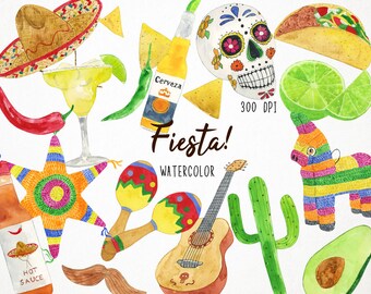 Watercolor Mexican Clipart, Cinco de Mayo Clipart, Fiesta Clipart, Fiesta Clip Art, Pinata Clipart, Mexican Folk Art, Mexican Clip Art