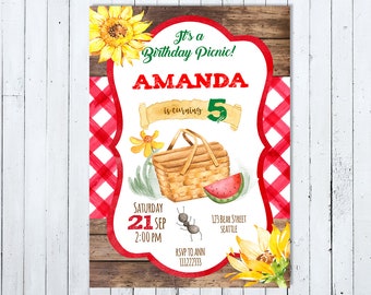 May include: A red and white gingham picnic blanket with a watercolour illustration of a picnic basket, watermelon, sunflowers, and an ant. The text "It's a Birthday Picnic! Amanda is turning 5" is written in a white banner. The date and time of the event are listed as "Saturday 21 Sep 2:00 PM". The address is "123 Bear Street Seattle". The RSVP information is "RSVP to Ann 111222333".