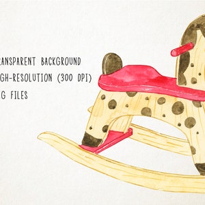 May include: A wooden rocking horse with black and white polka dots and a red saddle. The horse has a black mane and tail.