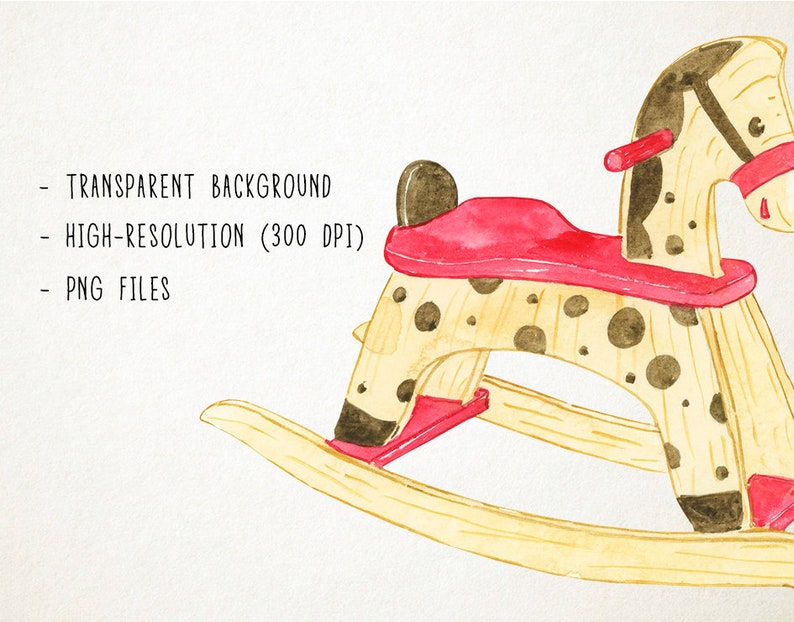 May include: A wooden rocking horse with black and white polka dots and a red saddle. The horse has a black mane and tail.