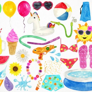 Op de afbeelding: Een aquarel-illustratie van zomerse items, waaronder een eenhoorn zwemband, een watermeloenplak, een zon met zonnebril, een zwembad, een waterpistool, een ijslolly, een strandbal, een paar slippers, een paar zwemvliezen, een zonnebril, een rietje, een glas limonade, een ijsje, een madeliefje, een zonnebloem, een bloemenkrans, een zwembroek, een bikini-top, een noodle, een slang en waterdruppels.