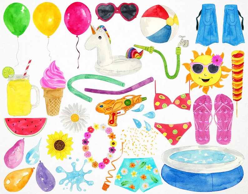 Op de afbeelding: Een aquarel-illustratie van zomerse items, waaronder een eenhoorn zwemband, een watermeloenplak, een zon met zonnebril, een zwembad, een waterpistool, een ijslolly, een strandbal, een paar slippers, een paar zwemvliezen, een zonnebril, een rietje, een glas limonade, een ijsje, een madeliefje, een zonnebloem, een bloemenkrans, een zwembroek, een bikini-top, een noodle, een slang en waterdruppels.
