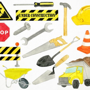 May include: A watercolor illustration of construction tools and signs. The illustration includes a yellow hard hat, a red stop sign, a saw, a shovel, a wrench, a hammer, a wheelbarrow, a dump truck, a traffic cone, a screw, a construction barrier, and a sign that reads "Under Construction".