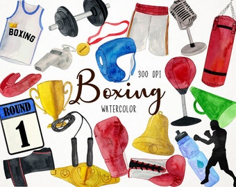 May include: Watercolor illustrations of boxing equipment, including a boxing glove, a punching bag, a whistle, a trophy, a jump rope, a bell, a water bottle, a boxing ring, a boxing shirt, a head guard, a championship belt, and a boxing referee's microphone. The text "Boxing Watercolor" is written in the center of the image.