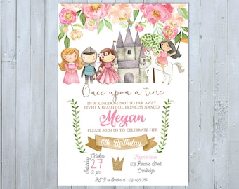 May include: A pink and gold princess-themed birthday invitation with a watercolor illustration of a castle, a unicorn, and three figures. The text reads "Once upon a time... in a kingdom not so far away lived a beautiful princess named Megan. Please join us to celebrate her 6th birthday. Saturday, October 27, 2 pm. Megan's house, 123 Princess Street, Cambridge. RSVP to Sandra at 123-456-789."