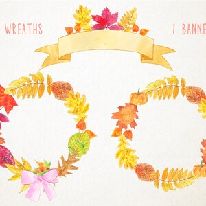 May include: Two watercolor wreaths with fall leaves, pumpkins, and a pink bow. One banner with a yellow ribbon.