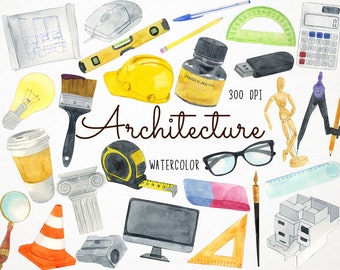 Clipart z akwarelą, Clipart z architektem, Clipart z budynkiem, Clipart z budowniczym, Clipart z budową, Grafika architektoniczna