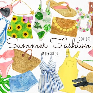Watercolor Summer Fashion Clipart, Summer Clothes Clipart, Summer Outfits Clipart, Vacation Outfits Clipart, Beach Fashion Clipart, Women