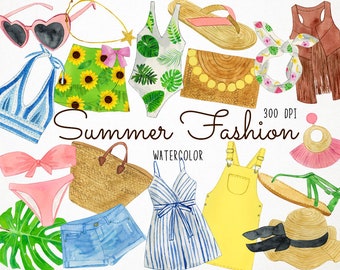 Akwarela Letnia Moda Clipart, Letnie Ubrania Clipart, Letnie Stroje Clipart, Stroje Wakacyjne Clipart, Plażowa Moda Clipart, Kobiety