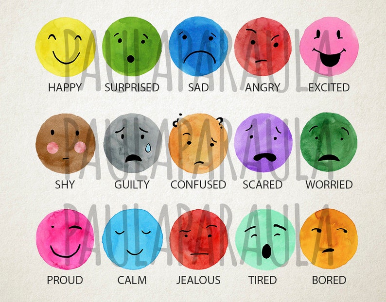 Peut inclure: Un tableau avec 15 cercles d'aquarelle, chacun repr&eacute;sentant une expression faciale diff&eacute;rente. Les cercles sont &eacute;tiquet&eacute;s avec des mots d&eacute;crivant les &eacute;motions, comme heureux, triste, en col&egrave;re, surpris, excit&eacute;, timide, coupable, confus, effray&eacute;, inquiet, fier, calme, jaloux, fatigu&eacute; et ennuy&eacute;.