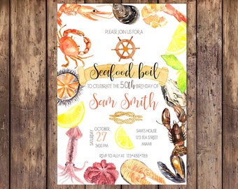 May include: Watercolor invitation for a seafood boil, featuring illustrations of shrimp, crab, mussels, and lemon slices. The invitation includes the text "Seafood Boil" and details for Sam Smith's 50th birthday.