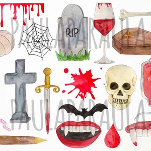 May include: A set of watercolor illustrations featuring Halloween and vampire themes. The set includes a tombstone with the word "RIP", a cross, a garlic clove, a spider web, a bat, a blood bag, a skull, a sword, a candle, a coffin, a wine glass with blood, a worm, a wooden stick, and fangs.