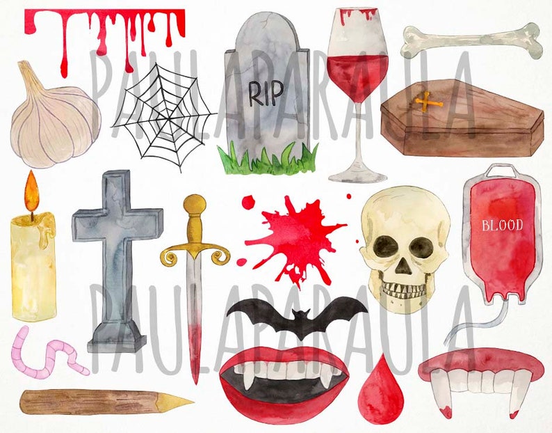 May include: A set of watercolor illustrations featuring Halloween and vampire themes. The set includes a tombstone with the word "RIP", a cross, a garlic clove, a spider web, a bat, a blood bag, a skull, a sword, a candle, a coffin, a wine glass with blood, a worm, a wooden stick, and fangs.