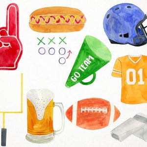 Pode incluir: Uma ilustra&ccedil;&atilde;o em aquarela de v&aacute;rios itens para o dia do jogo de futebol, incluindo um capacete de futebol, uma camisa, uma bola de futebol, um apito, um dedo de espuma, um cachorro-quente, um copo de cerveja, um megafone e um poste de gol.