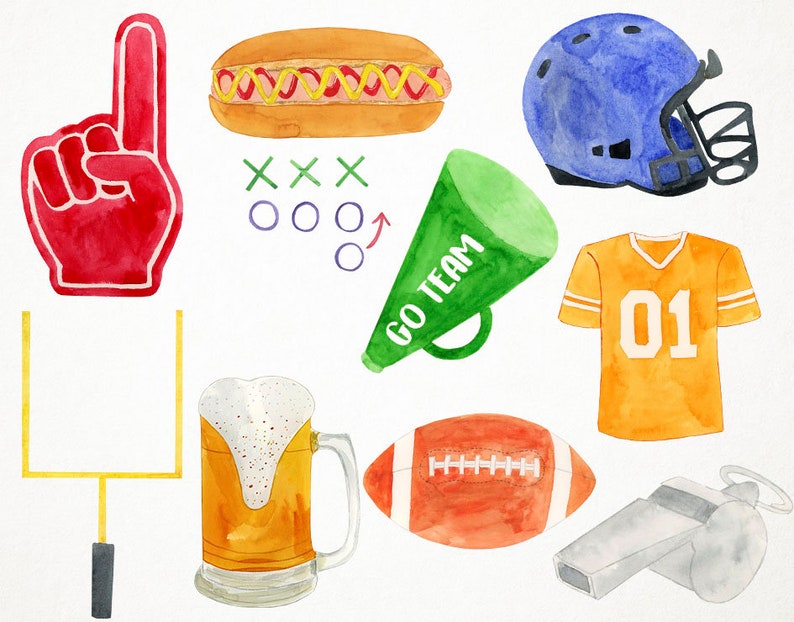Pode incluir: Uma ilustra&ccedil;&atilde;o em aquarela de v&aacute;rios itens para o dia do jogo de futebol, incluindo um capacete de futebol, uma camisa, uma bola de futebol, um apito, um dedo de espuma, um cachorro-quente, um copo de cerveja, um megafone e um poste de gol.