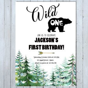 Un invito di compleanno selvaggio, un invito selvaggio, Wild One invite, invito rustico, pino albero invito, montagne invito ragazzo invitare