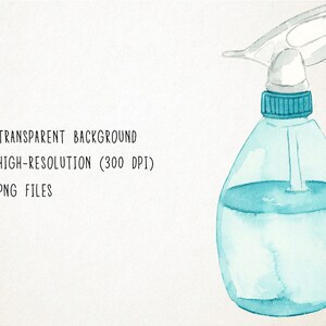 May include: Watercolor illustration of a blue spray bottle with a white trigger. The bottle is filled with a clear liquid. Text on the left side reads: "- TRANSPARENT BACKGROUND - HIGH-RESOLUTION (300 DPI) - PNG FILES."