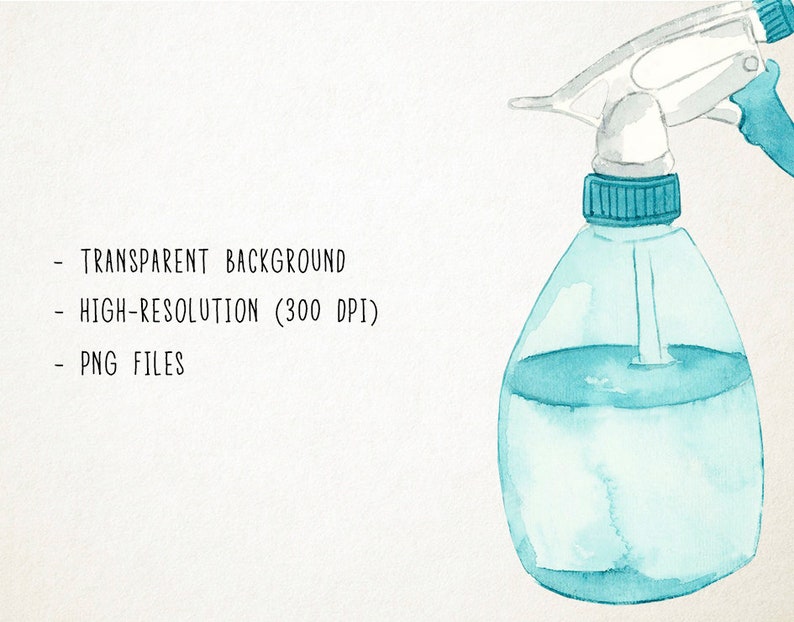 May include: Watercolor illustration of a blue spray bottle with a white trigger. The bottle is filled with a clear liquid. Text on the left side reads: "- TRANSPARENT BACKGROUND - HIGH-RESOLUTION (300 DPI) - PNG FILES."