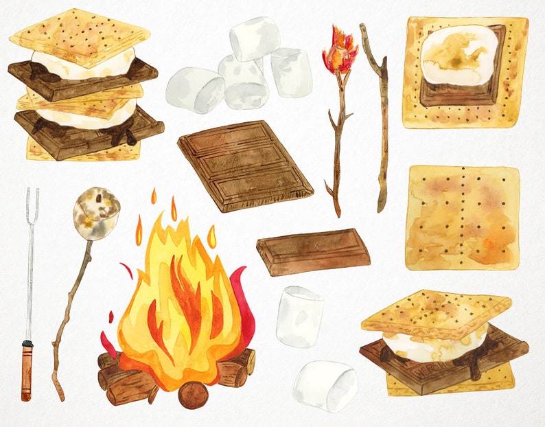 Smores Clipart Camping Clipart Campfire Clipart Watercolor Etsy