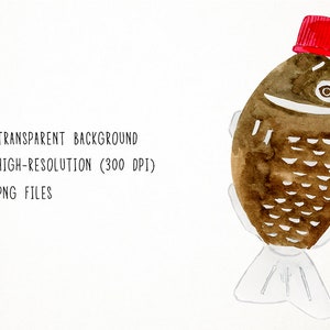 May include: Watercolor illustration of a brown fish wearing a red hat. The fish has a white outline and a detailed pattern of scales. The background is white.