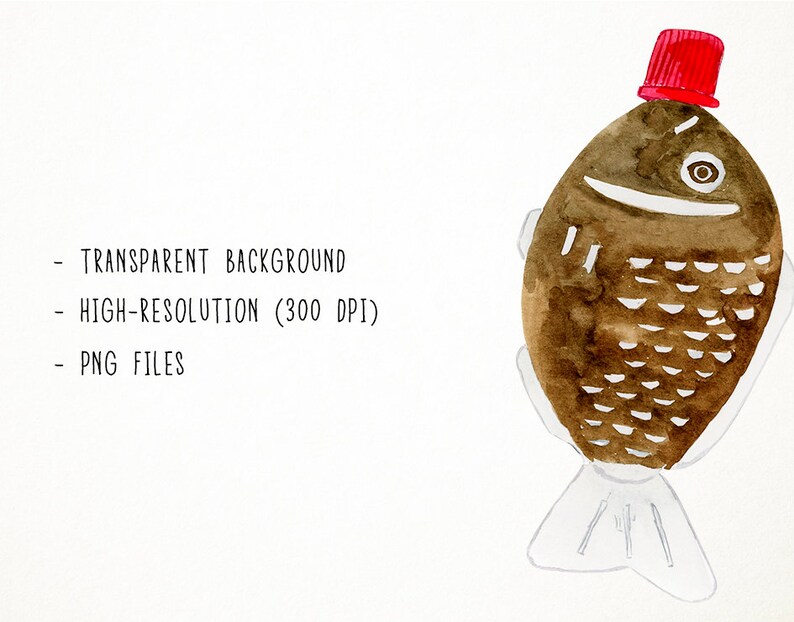 May include: Watercolor illustration of a brown fish wearing a red hat. The fish has a white outline and a detailed pattern of scales. The background is white.