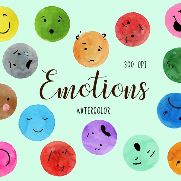 Watercolor Emotions Clipart, Faces Clipart, Emojis Clipart, Feelings Clipart, Expressions Clipart, Stickers Clipart, Smiles Clipart
