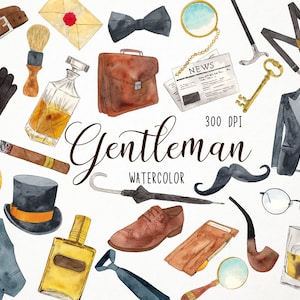 Puede incluir: Ilustraciones de acuarela de varios artículos de caballero, que incluyen un sombrero de copa, un reloj de bolsillo, una corbata de lazo, gafas, una pipa, un periódico, una chaqueta de traje, un maletín, un bastón, tirantes, una llave, un bigote, una corbata, un zapato, una botella de perfume, una botella de whisky, un cigarro, una lupa, una cartera y un cepillo.