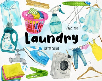 Watercolor Laundry Clipart, Cleaning Clipart, Housework Clipart, Chores Clipart, Washing Machine Clipart, Cleaning Supplies Clipart Wash Day