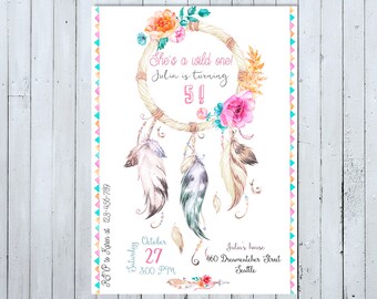 May include: A colorful invitation for a 5th birthday party with a dreamcatcher design. The text reads "She's a wild one! Julia is turning 5!" and includes details about the party date, time, and location.