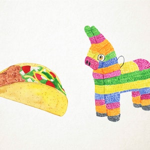 Op de afbeelding: Een aquarel van een gele taco met vlees en toppings en een kleurrijke gestreepte pi&ntilde;ata in de vorm van een ezel.