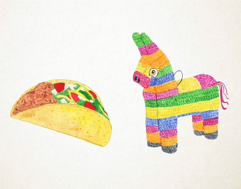 Op de afbeelding: Een aquarel van een gele taco met vlees en toppings en een kleurrijke gestreepte pi&ntilde;ata in de vorm van een ezel.