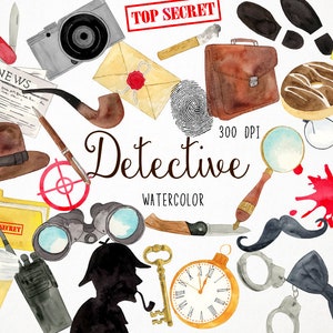 Watercolor Detective Clipart, Detective Graphics, Private Investigator Clipart, Spy Clipart, Secret Agent Clipart, Clue Clipart, Police