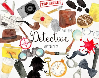Watercolor Detective Clipart, Detective Graphics, Private Investigator Clipart, Spy Clipart, Secret Agent Clipart, Clue Clipart, Police