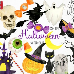 May include: A set of watercolour Halloween clip art illustrations. The set includes a skull, a bat, a witch, a ghost, a spider's web, a spider, a candy cane, a pumpkin, a witch's hat, a black cat, a tombstone, a tree, a candy, an eye, a castle, and a crescent moon.