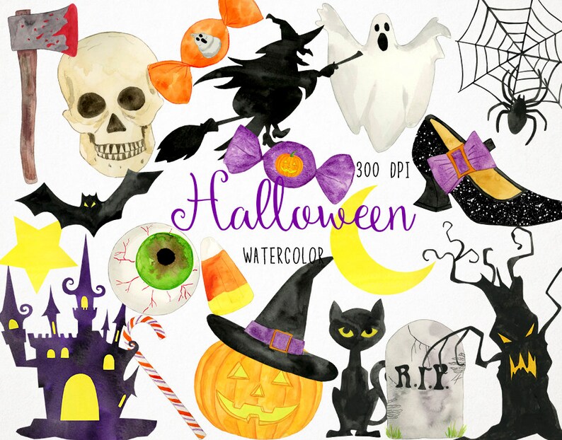May include: A set of watercolour Halloween clip art illustrations. The set includes a skull, a bat, a witch, a ghost, a spider's web, a spider, a candy cane, a pumpkin, a witch's hat, a black cat, a tombstone, a tree, a candy, an eye, a castle, and a crescent moon.