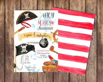 Pirate Birthday invitation, Pirates Invitation, Ahoy Matey Invitation, Buccaneer Invitation, Treasure Map Invitation, Captain Invitation