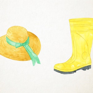 May include: Watercolor illustration of a straw sun hat with a green ribbon and a yellow rain boot. The hat is wide-brimmed and the boot is knee-high, both on a white background. The hat and boot are painted in a whimsical style.