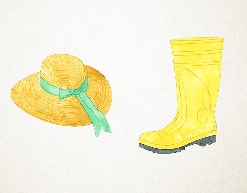 May include: Watercolor illustration of a straw sun hat with a green ribbon and a yellow rain boot. The hat is wide-brimmed and the boot is knee-high, both on a white background. The hat and boot are painted in a whimsical style.