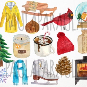 May include: Watercolor illustrations of winter-themed items. Includes a yellow raincoat, a wooden sled with a blanket, a red cardinal, a snow globe with a gingerbread house, a Christmas tree, a candle, a mug of hot chocolate, a red knit hat, a sweater, ice skates, a pine cone, and a fireplace.