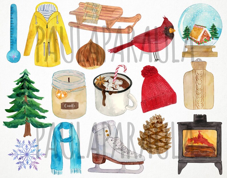 May include: Watercolor illustrations of winter-themed items. Includes a yellow raincoat, a wooden sled with a blanket, a red cardinal, a snow globe with a gingerbread house, a Christmas tree, a candle, a mug of hot chocolate, a red knit hat, a sweater, ice skates, a pine cone, and a fireplace.