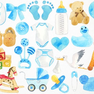 May include: A collection of watercolor illustrations for a baby shower. The illustrations include a baby bottle, a rattle, a teddy bear, a giraffe, a rocking horse, a baby carriage, a pacifier, a diaper, a baby hat, a pair of booties, a blue bow, a blue heart, a blue balloon, a blue duck, a stork, and a set of alphabet blocks.
