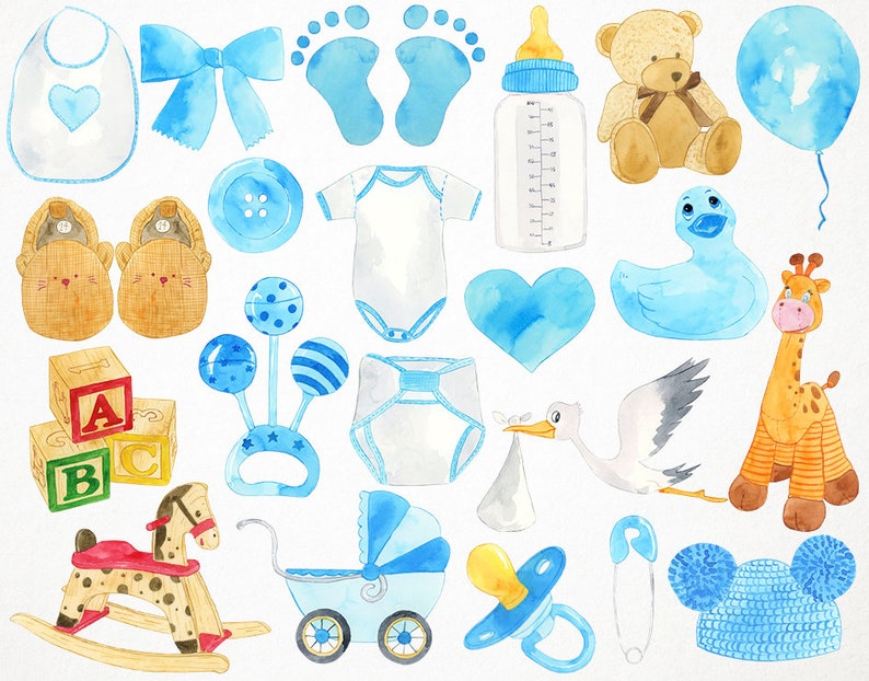 May include: A collection of watercolor illustrations for a baby shower. The illustrations include a baby bottle, a rattle, a teddy bear, a giraffe, a rocking horse, a baby carriage, a pacifier, a diaper, a baby hat, a pair of booties, a blue bow, a blue heart, a blue balloon, a blue duck, a stork, and a set of alphabet blocks.